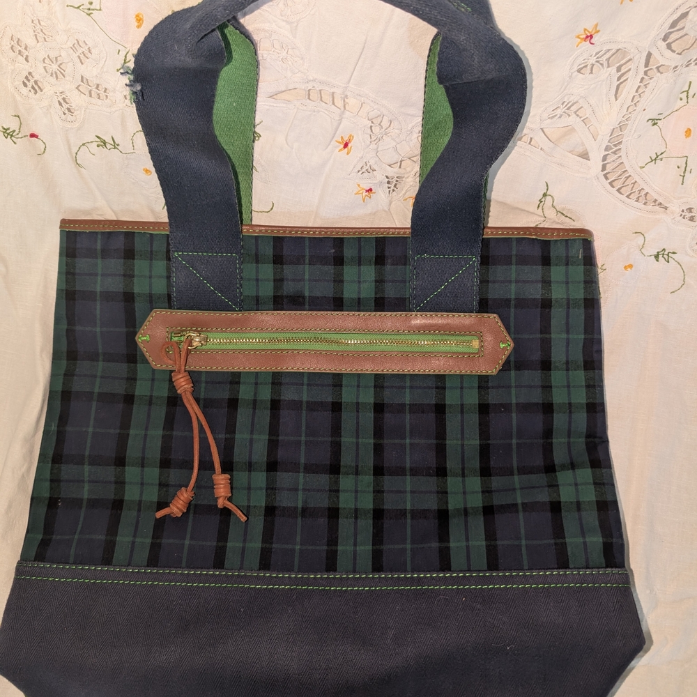 Sperry Green and Navy Plaid Tote Bag